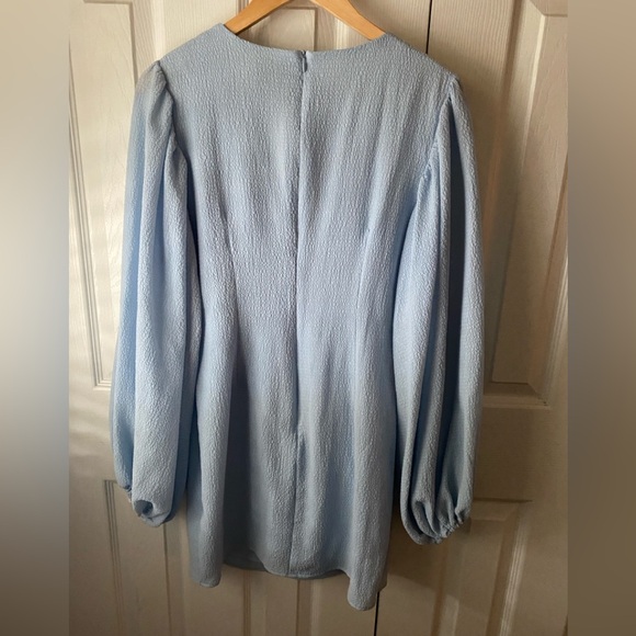 SABO Azure Light Blue Textured Crepe Silk Blend Keyhole Puff Sleeve Mini Dress L - Picture 4 of 12